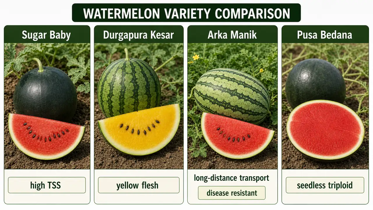 Watermelon important varieties comparison showing Sugar Baby, Durgapura Kesar, Arka Manik, and Pusa Bedana seedless type