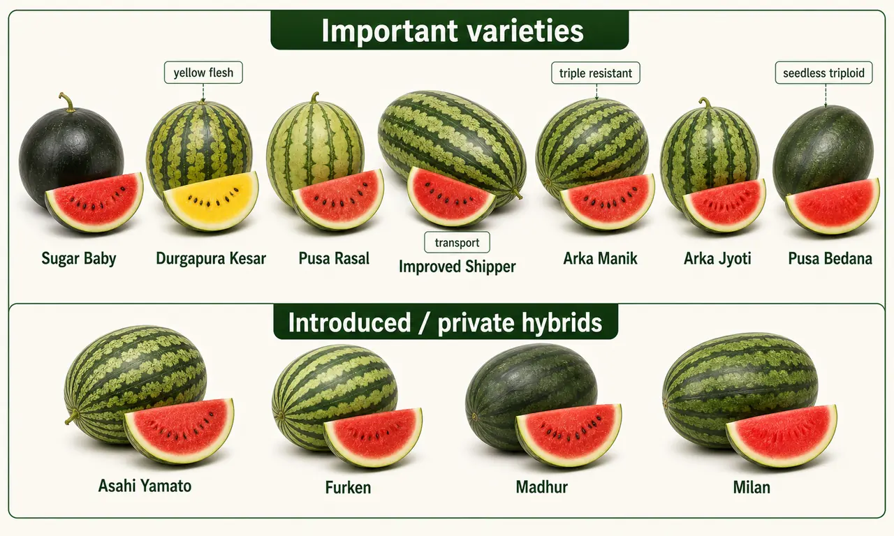 Watermelon variety guide showing Sugar Baby Durgapura Kesar Pusa Rasal Improved Shipper Arka Manik Arka Jyoti and Pusa Bedana with introduced and private hybrid names