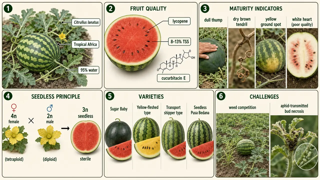 Watermelon summary cheat sheet visual showing crop identity, fruit quality, maturity indicators, seedless triploid principle, important varieties, weed competition, and bud necrosis