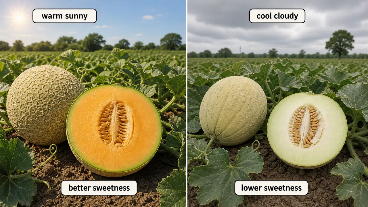 Muskmelon sweetness and temperature comparison showing better sweetness under warm sunny ripening and lower sweetness under cool cloudy conditions