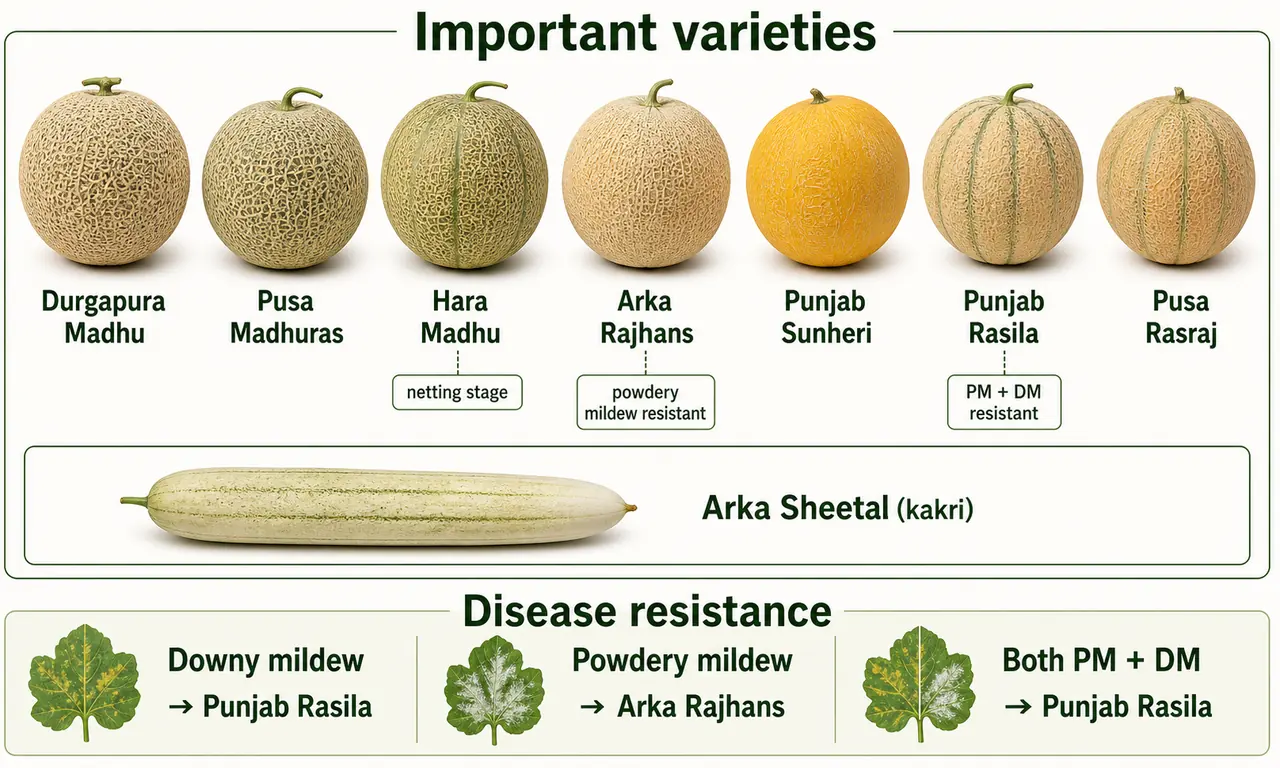 Muskmelon important varieties and disease resistance guide showing Durgapura Madhu Pusa Madhuras Hara Madhu Arka Rajhans Punjab Sunheri Punjab Rasila Pusa Rasraj and Arka Sheetal with key resistance notes