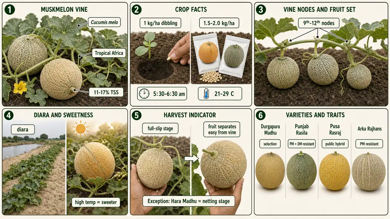 Muskmelon summary cheat sheet visual showing crop identity, seed-rate and anthesis facts, fruit set on middle nodes, diara cultivation, full-slip harvest, and key variety traits