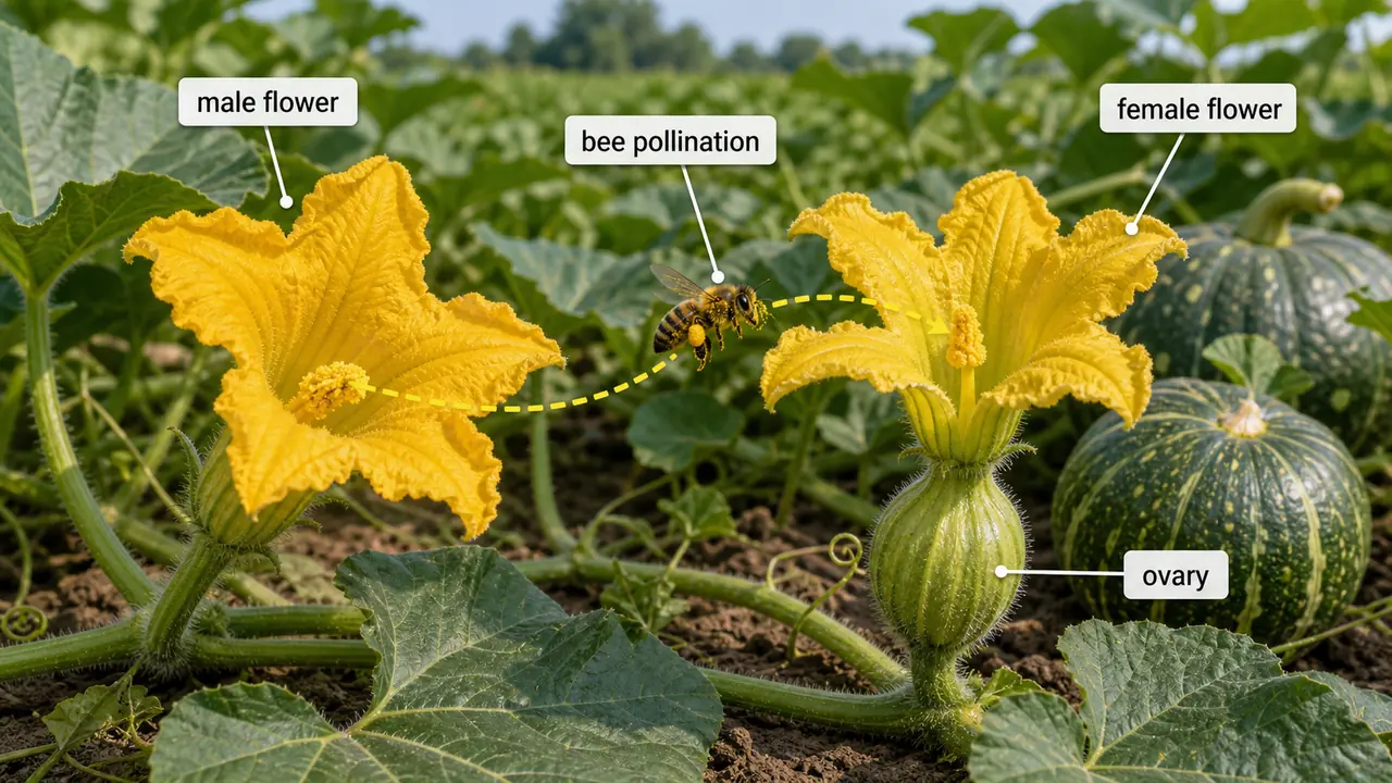 Pumpkin pollination visual showing male flower, female flower with ovary, and honey bee transferring pollen
