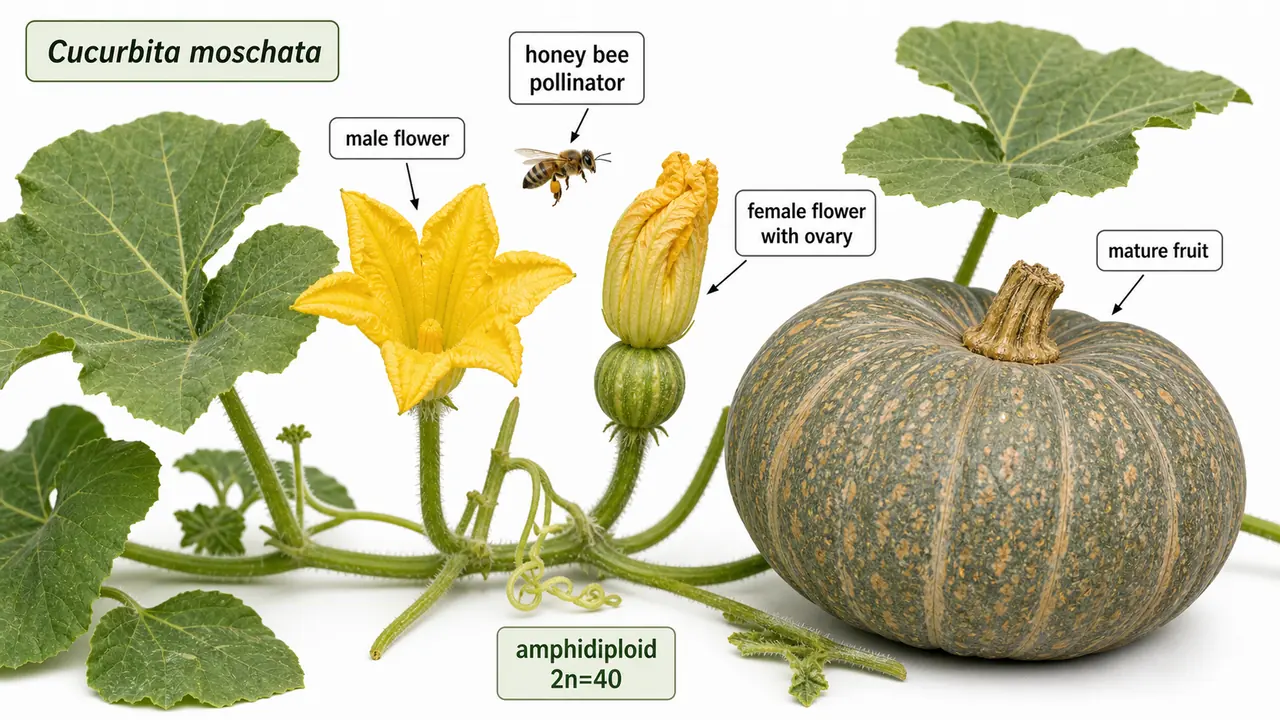 Pumpkin botanical identity visual showing Cucurbita moschata vine, female flower with ovary, honey bee pollinator, and mature fruit
