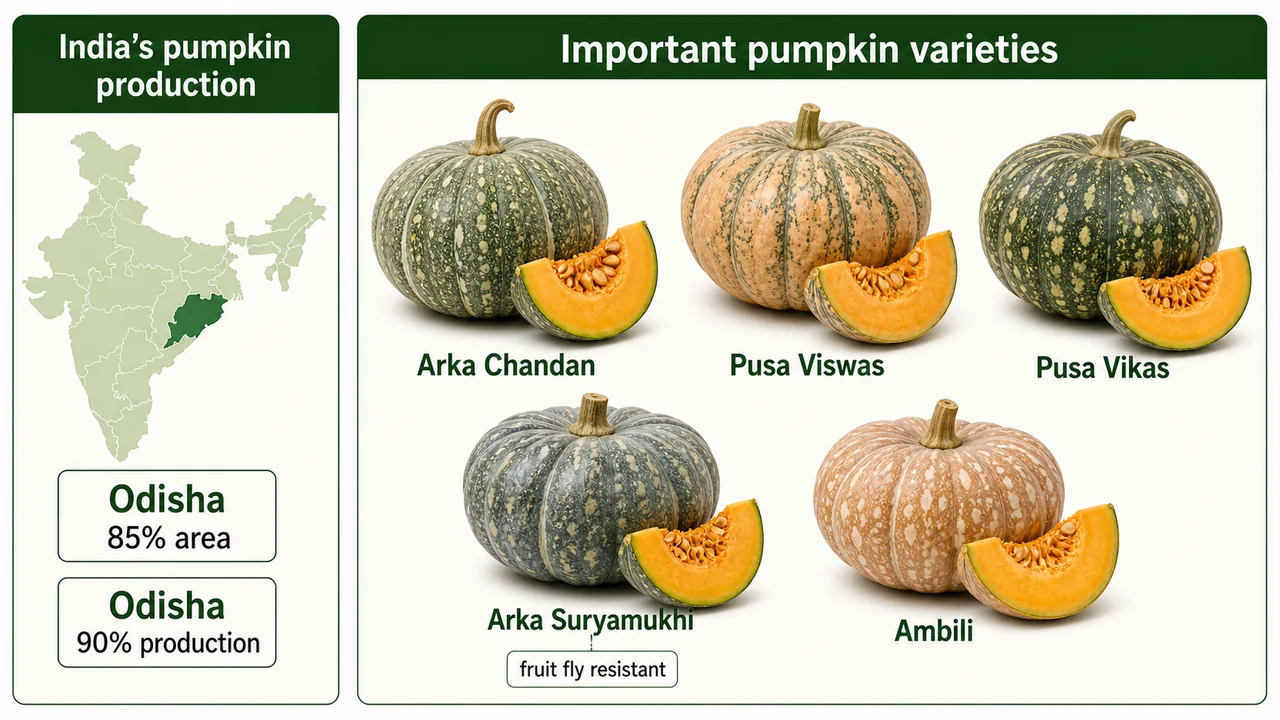 India pumpkin production board highlighting Odisha dominance and showing important pumpkin varieties like Arka Chandan Pusa Viswas Pusa Vikas Arka Suryamukhi and Ambili
