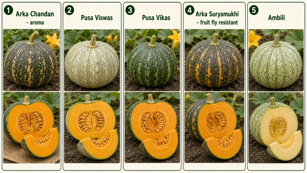 Pumpkin important varieties visual showing Arka Chandan, Pusa Viswas, Pusa Vikas, Arka Suryamukhi, and Ambili with their key practical traits