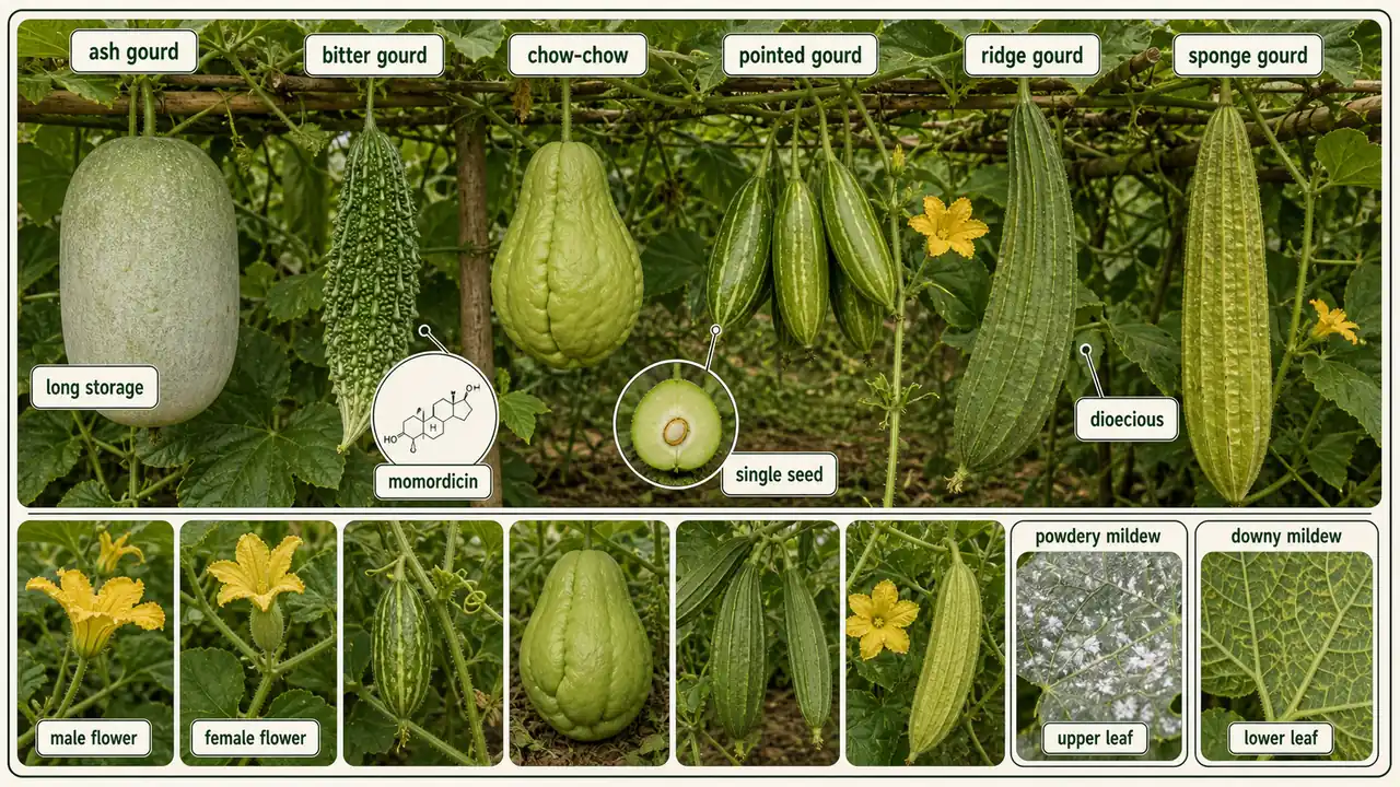 Gourds intro overview showing ash gourd, bitter gourd, chow-chow, pointed gourd, ridge gourd, sponge gourd, and powdery versus downy mildew cues