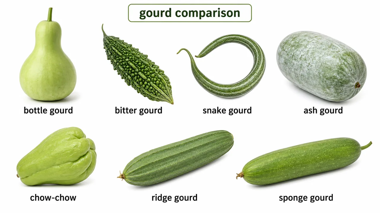 Quick comparison of major gourd vegetables including bottle gourd, bitter gourd, snake gourd, ash gourd, chow-chow, ridge gourd, and sponge gourd