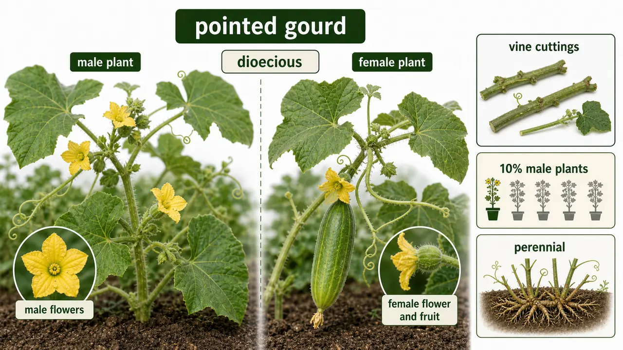 Pointed gourd visual showing separate male and female plants, dioecious habit, perennial vine, and propagation by vine cuttings