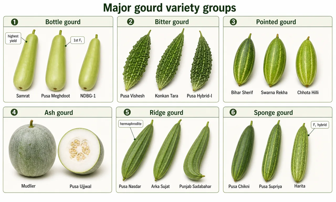 Major gourd variety groups board showing bottle gourd bitter gourd pointed gourd ash gourd ridge gourd and sponge gourd with key named varieties and a few trait callouts