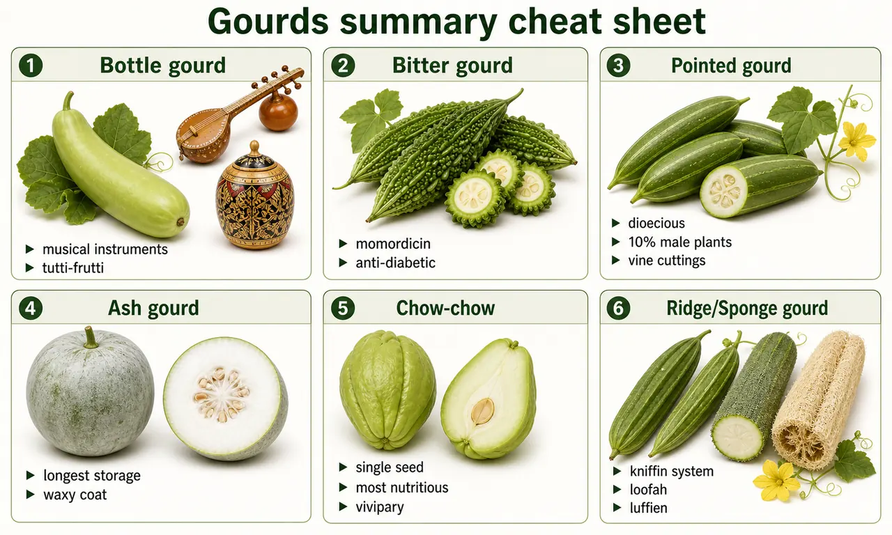 Gourds summary cheat sheet showing bottle gourd uses, bitter gourd momordicin, pointed gourd dioecy and vine cuttings, ash gourd storage, chow-chow single seed and vivipary, and ridge or sponge gourd loofah traits