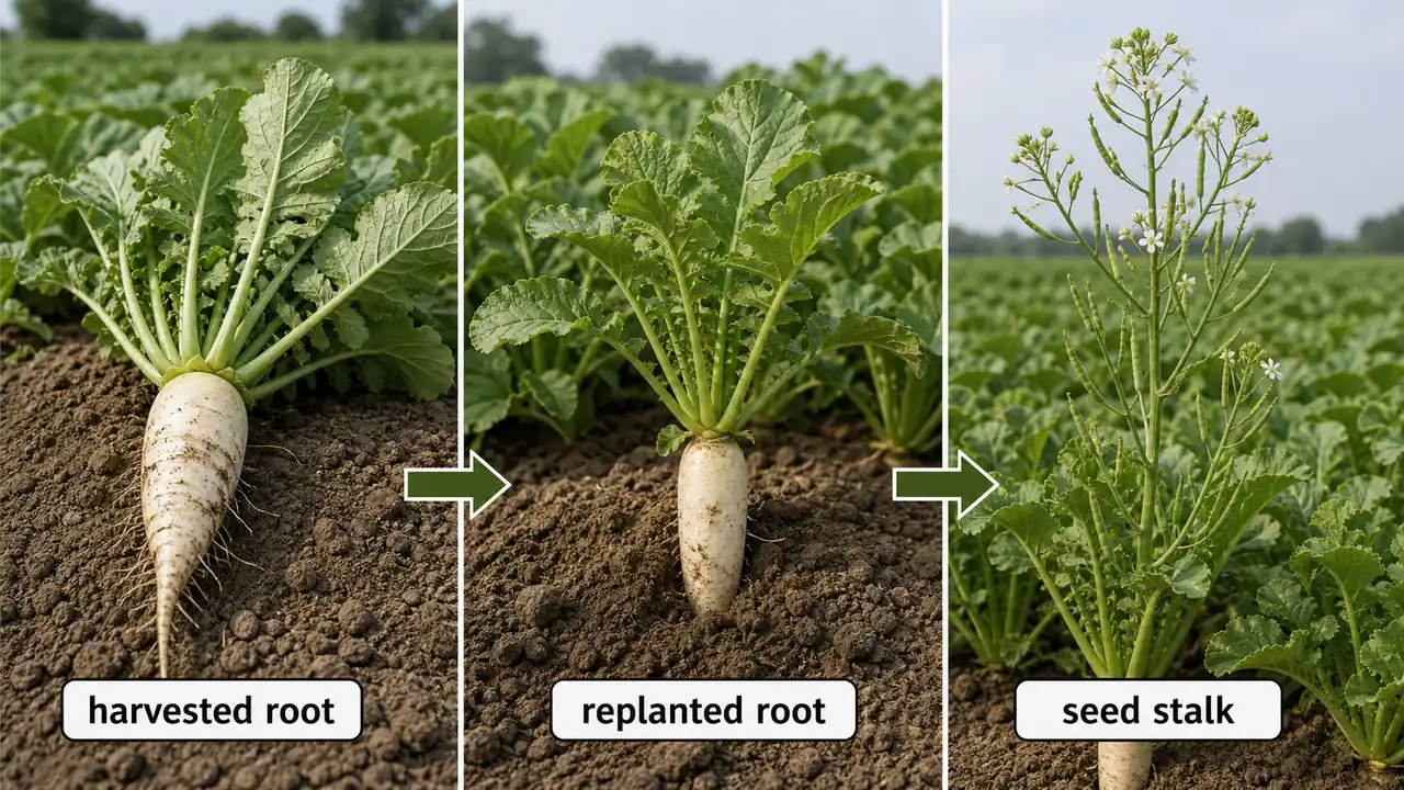 Radish steckling method showing harvested root, replanted root, and seed stalk formation for seed production