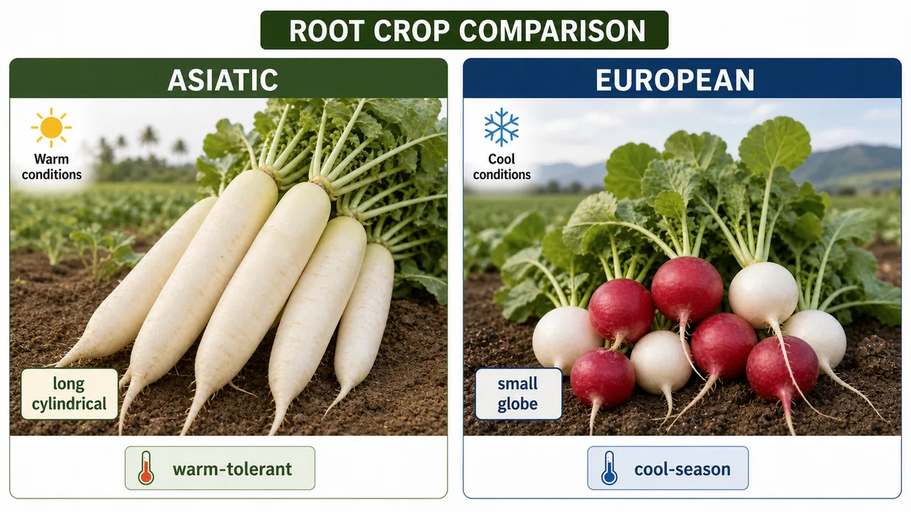 Asiatic versus European radish varieties showing long cylindrical warm-tolerant roots and small globe cool-season roots