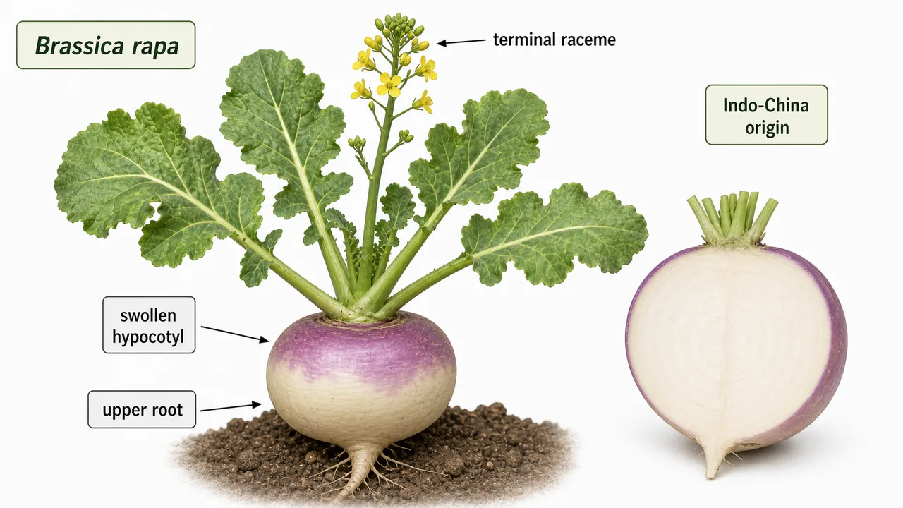 Turnip identity visual showing Brassica rapa plant with swollen hypocotyl, upper root, and leafy top