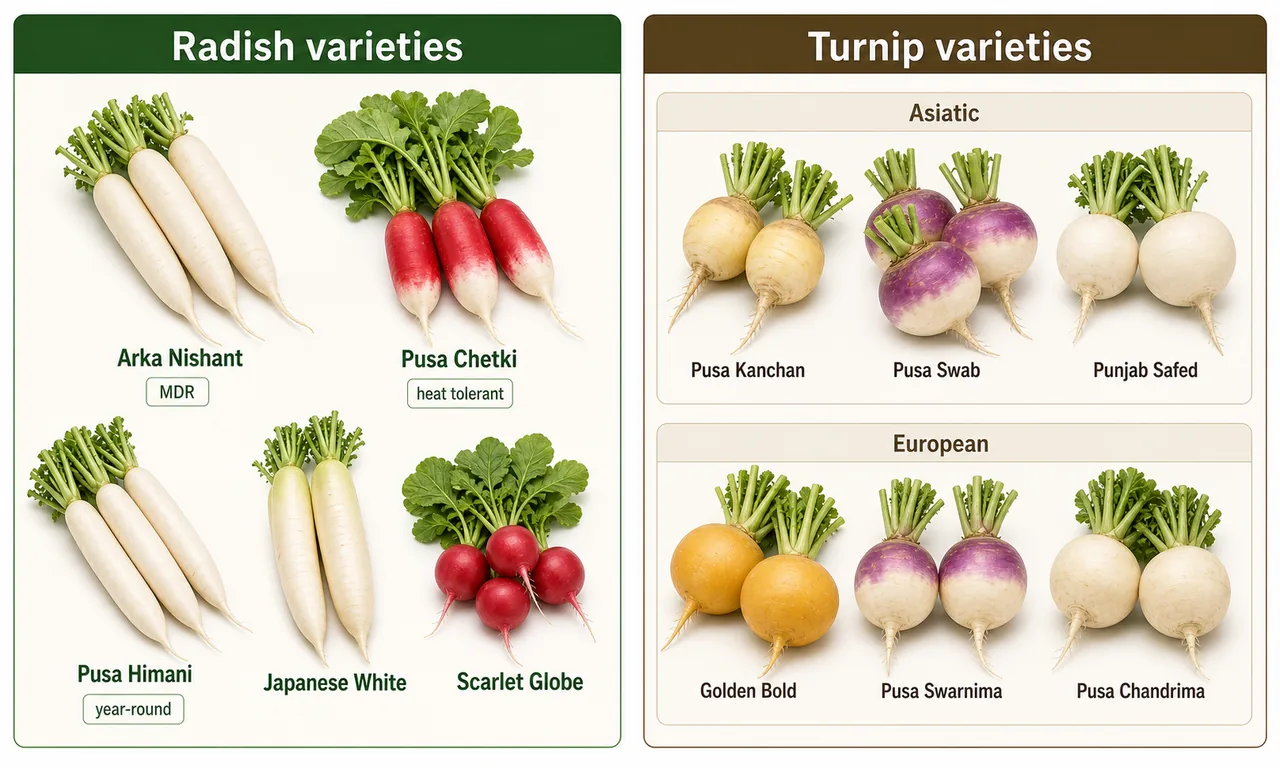 Radish and turnip varieties board showing Arka Nishant Pusa Chetki Pusa Himani Japanese White Scarlet Globe and Asiatic versus European turnip varieties