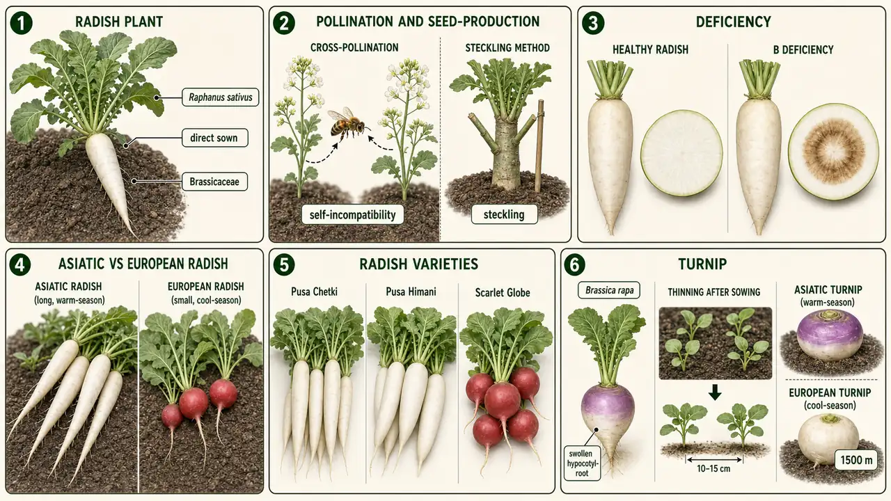 Radish and turnip summary cheat sheet visual showing radish identity, steckling method, brown heart due to boron deficiency, Asiatic versus European types, key varieties, and turnip identity and thinning
