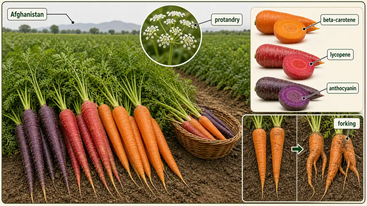 Carrot intro overview showing Afghanistan origin, protandry, beta-carotene lycopene anthocyanin colour types, and forking caused by hard pan