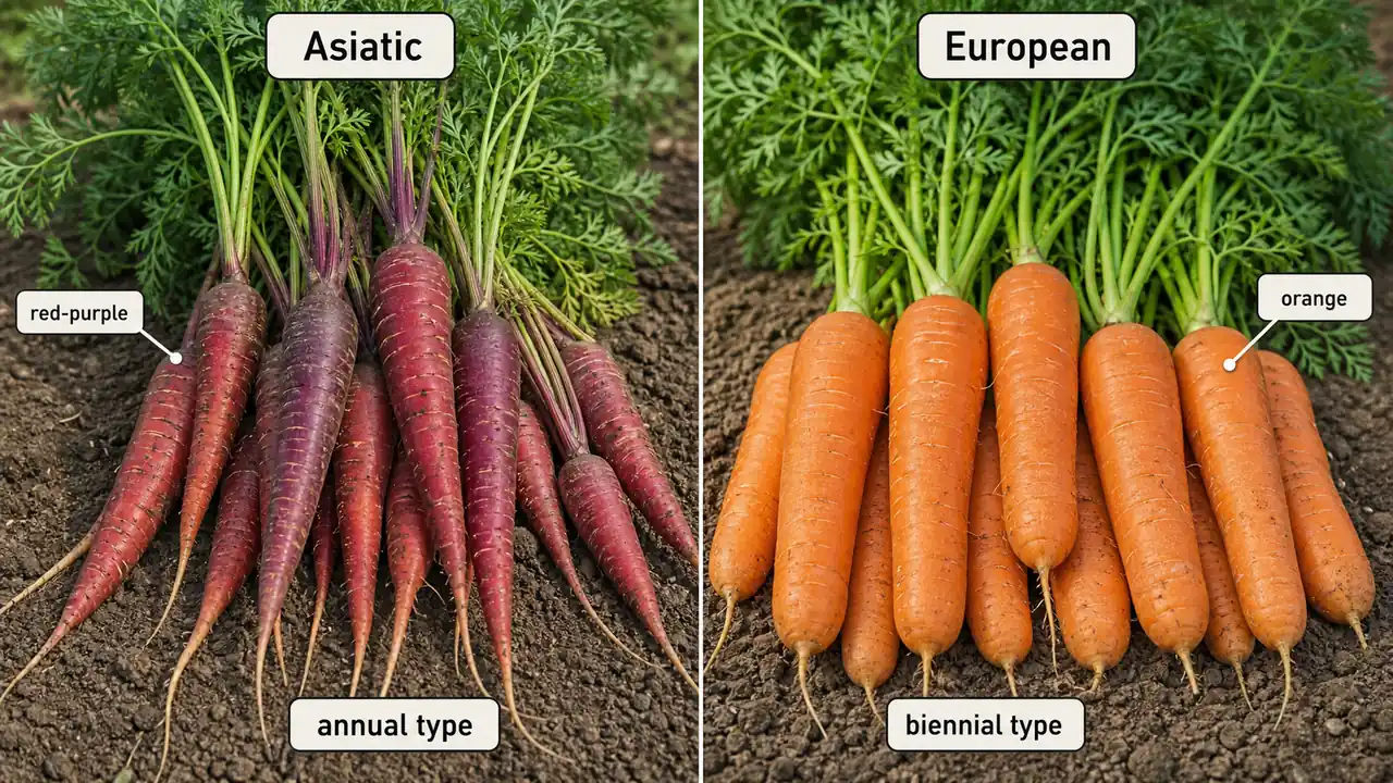 Asiatic versus European carrot types showing red purple annual roots compared with orange biennial roots