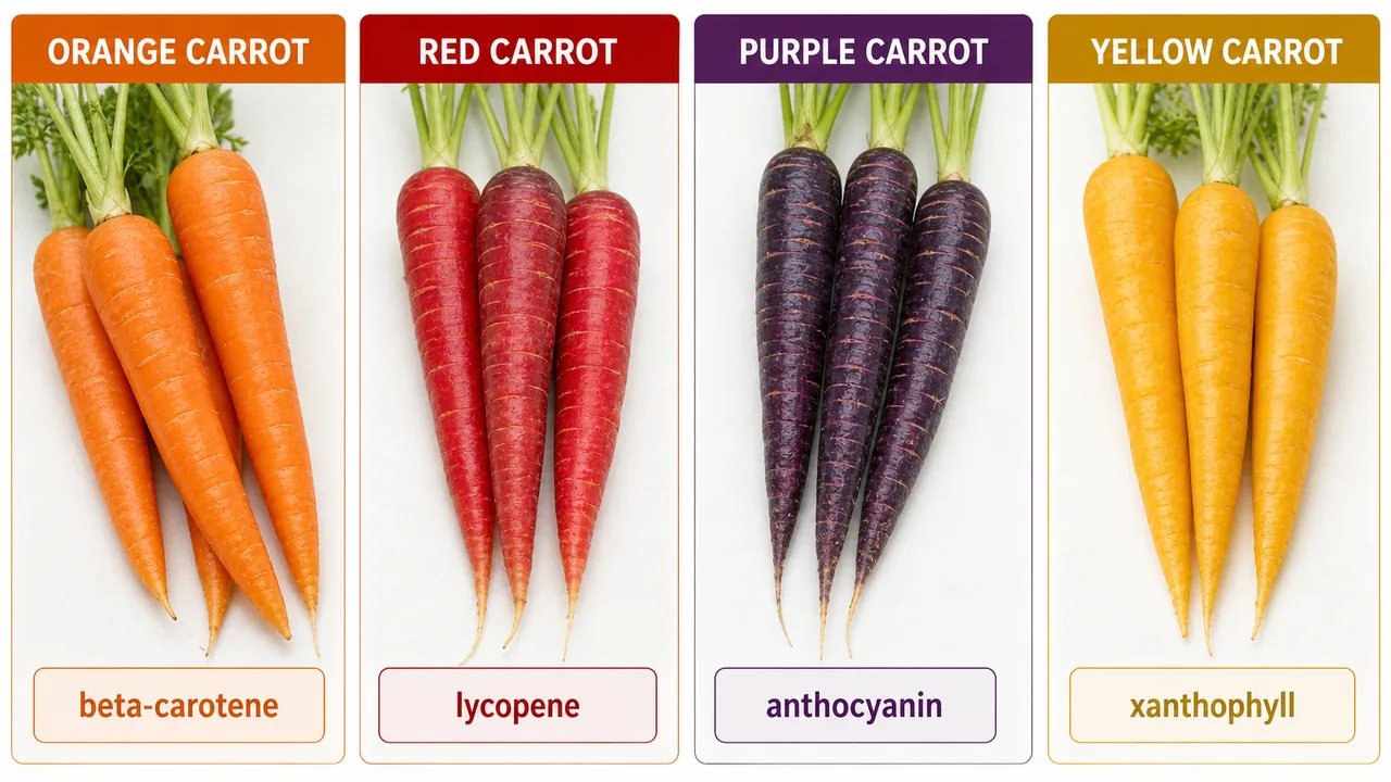 Carrot colour pigments comparison showing orange beta-carotene, red lycopene, purple anthocyanin, and yellow xanthophyll types