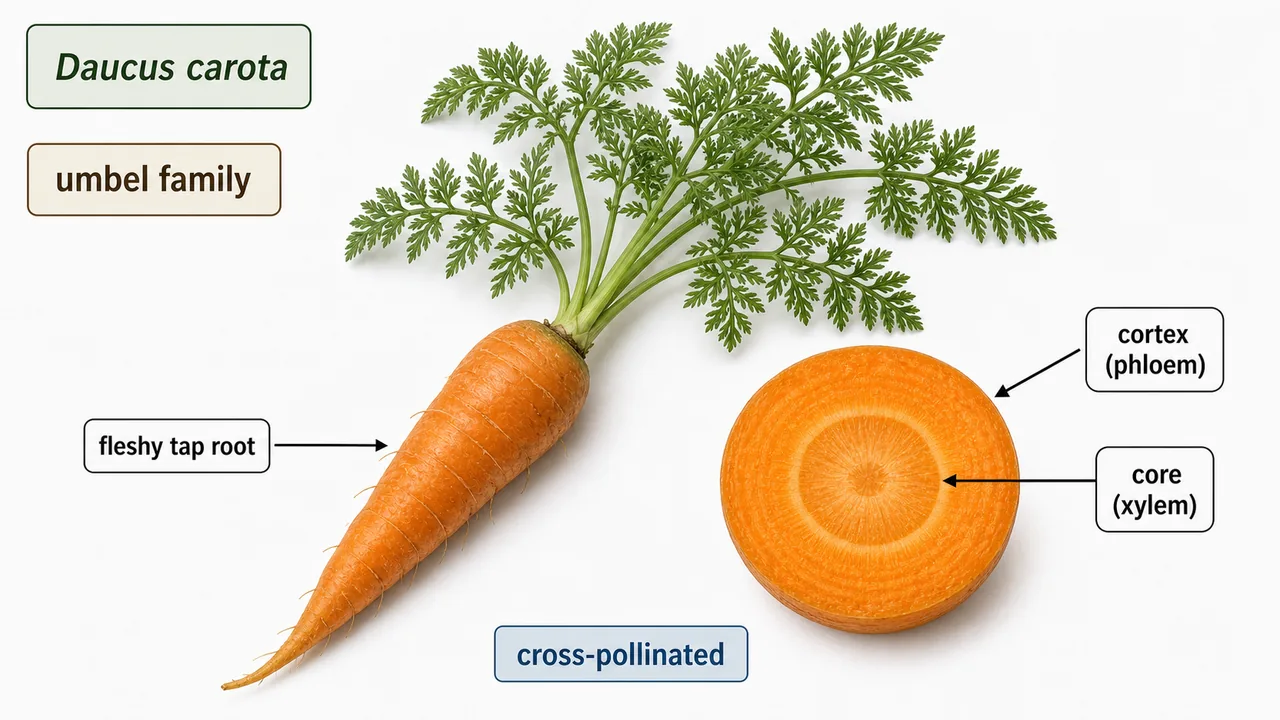 Carrot botanical identity visual showing Daucus carota root, cortex and core cross section, and cross-pollinated umbel-family habit