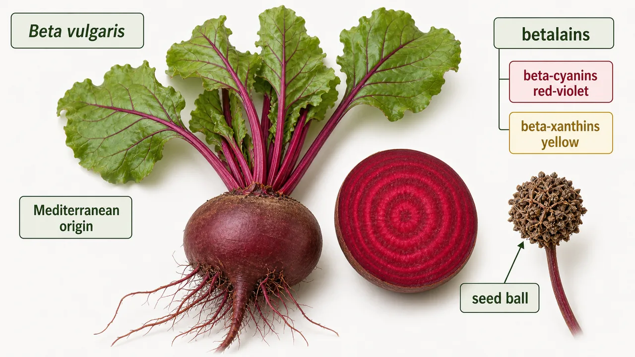 Beetroot visual showing Beta vulgaris plant, cut root, betalain pigments, and seed ball concept