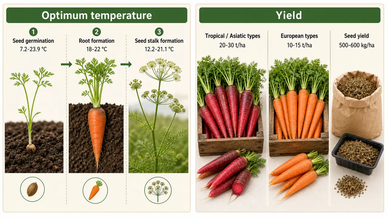 Carrot agronomy board showing optimum temperatures for seed germination root formation and seed stalk formation plus yield comparison of tropical Asiatic types European types and seed yield