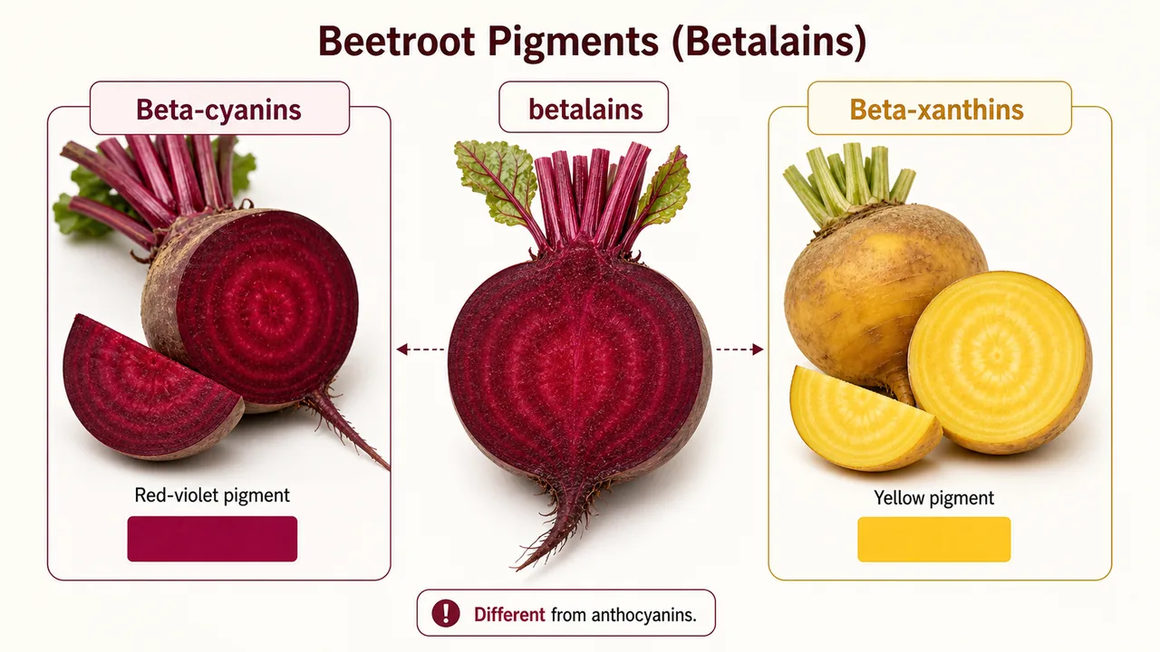 Beetroot betalain pigments board showing beta-cyanins as red-violet pigment and beta-xanthins as yellow pigment, distinct from anthocyanins