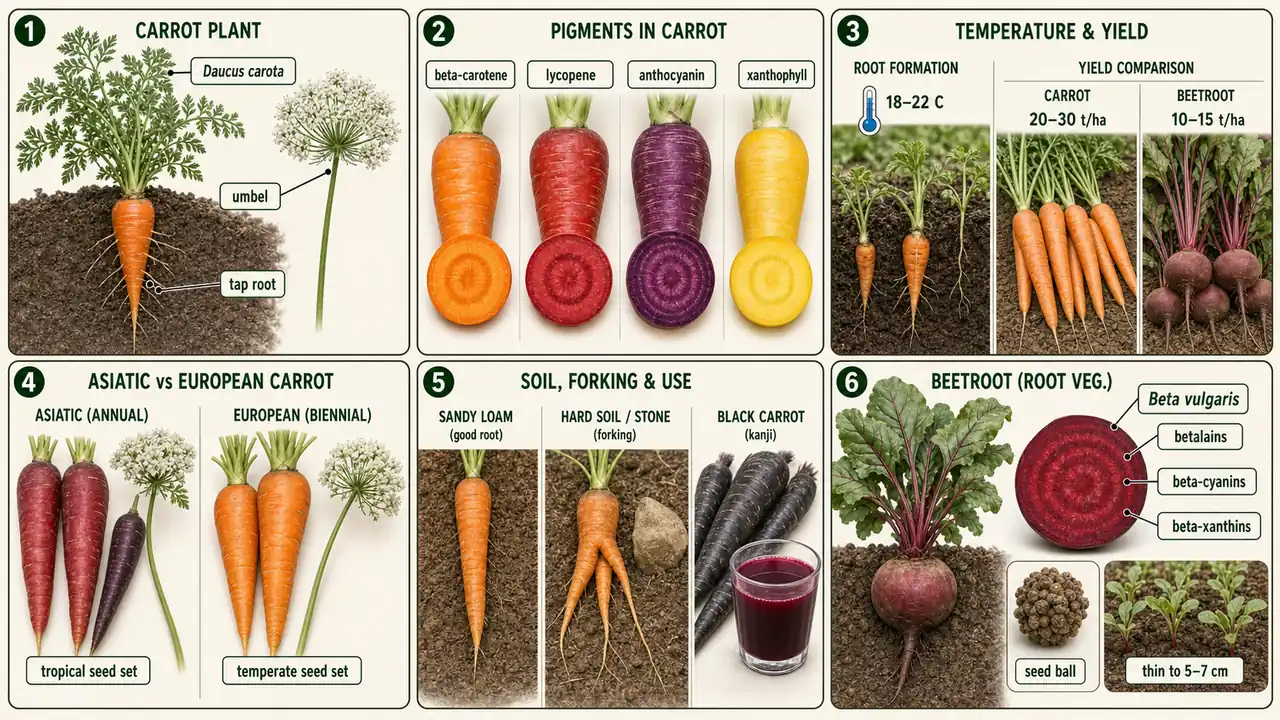 Carrot and beetroot summary cheat sheet visual showing carrot identity, pigment colours, temperature and yield, Asiatic versus European types, root forking, kanji from black carrot, and beetroot betalain pigments