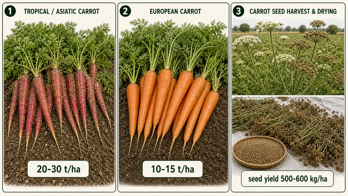Carrot yield comparison visual showing tropical Asiatic types, European types, and carrot seed yield after harvest and drying