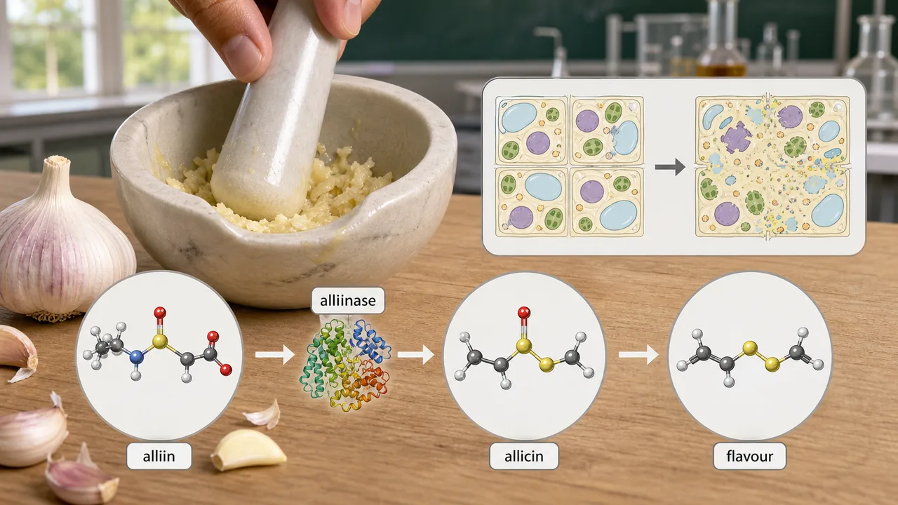 Garlic biochemistry chain showing alliin, alliinase, allicin and diallyl disulphide after tissue damage