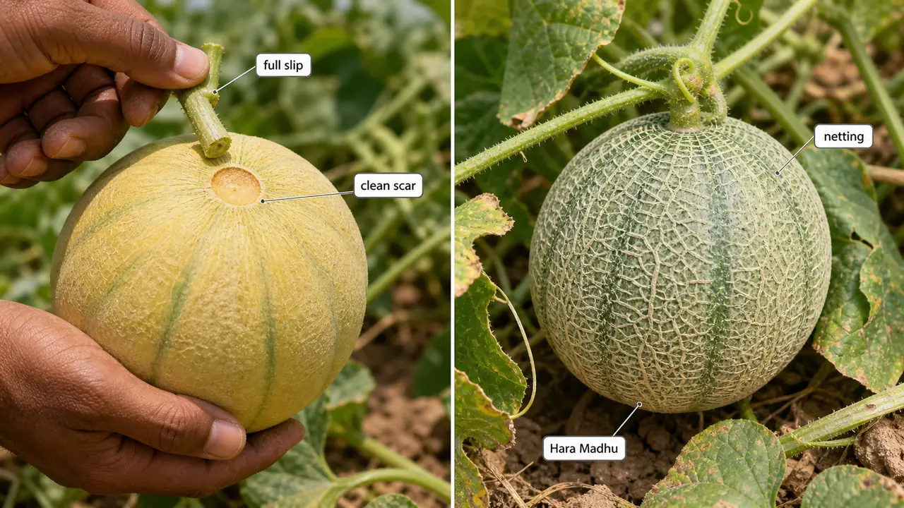Muskmelon full slip stage compared with netting stage used as the Hara Madhu exception