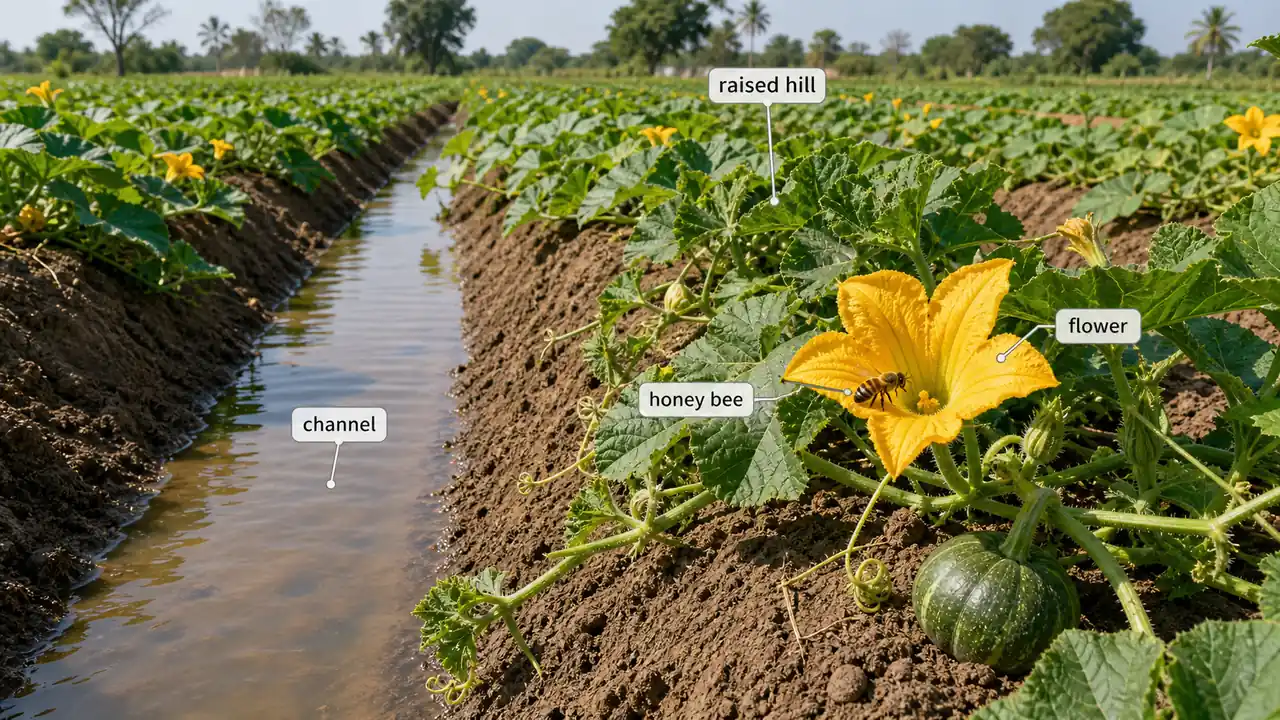 Pumpkin cultivation using the channel and hill system with honey bee pollination