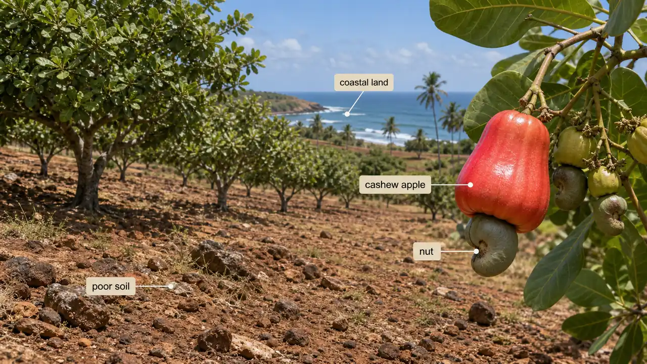 Cashew apple and nut with hardy cashew plantation on poor coastal land