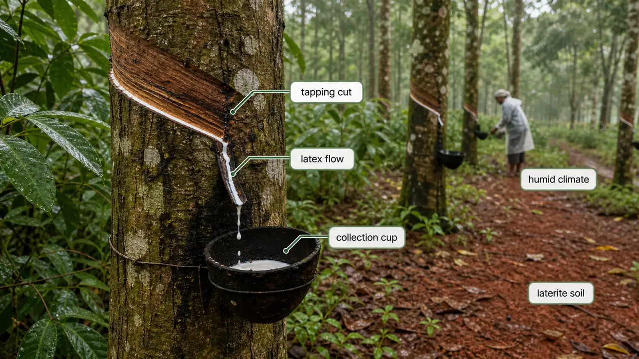 Rubber tapping with half-spiral cut and ideal laterite soil, rainfall and temperature conditions
