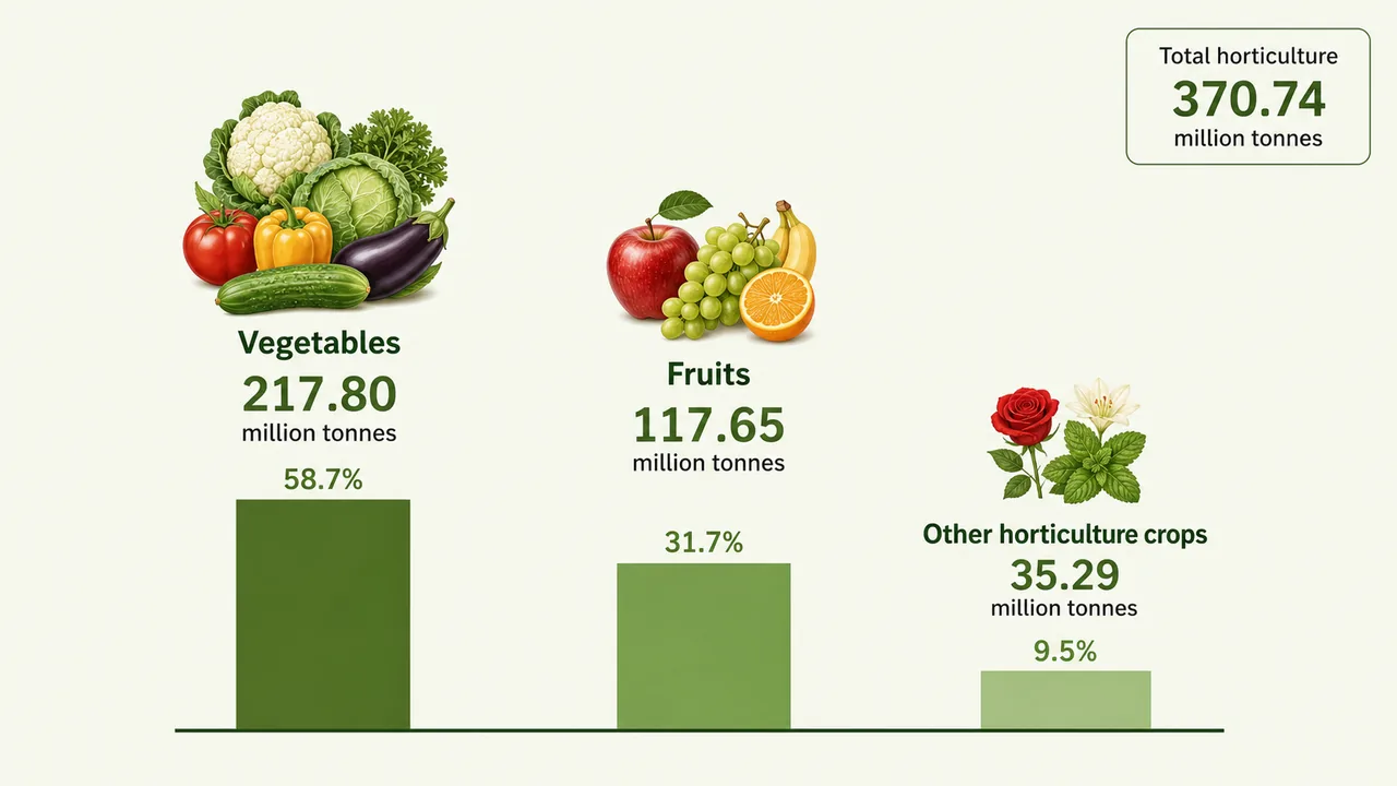 Horticulture production composition in 2024-25 showing vegetables at 217.80 million tonnes, fruits at 117.65 million tonnes, and other horticulture crops at 35.29 million tonnes