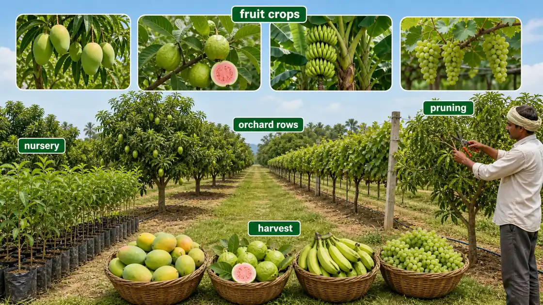 Pomology overview showing fruit crops, nursery plants, orchard rows, pruning, and harvested fruits in an orchard management lesson
