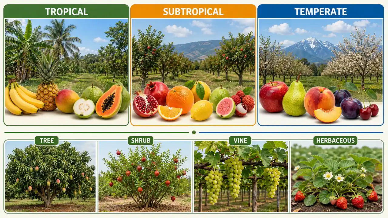 Fruit classification diagram showing tropical, subtropical, temperate, tree, shrub, vine, and herbaceous fruit categories