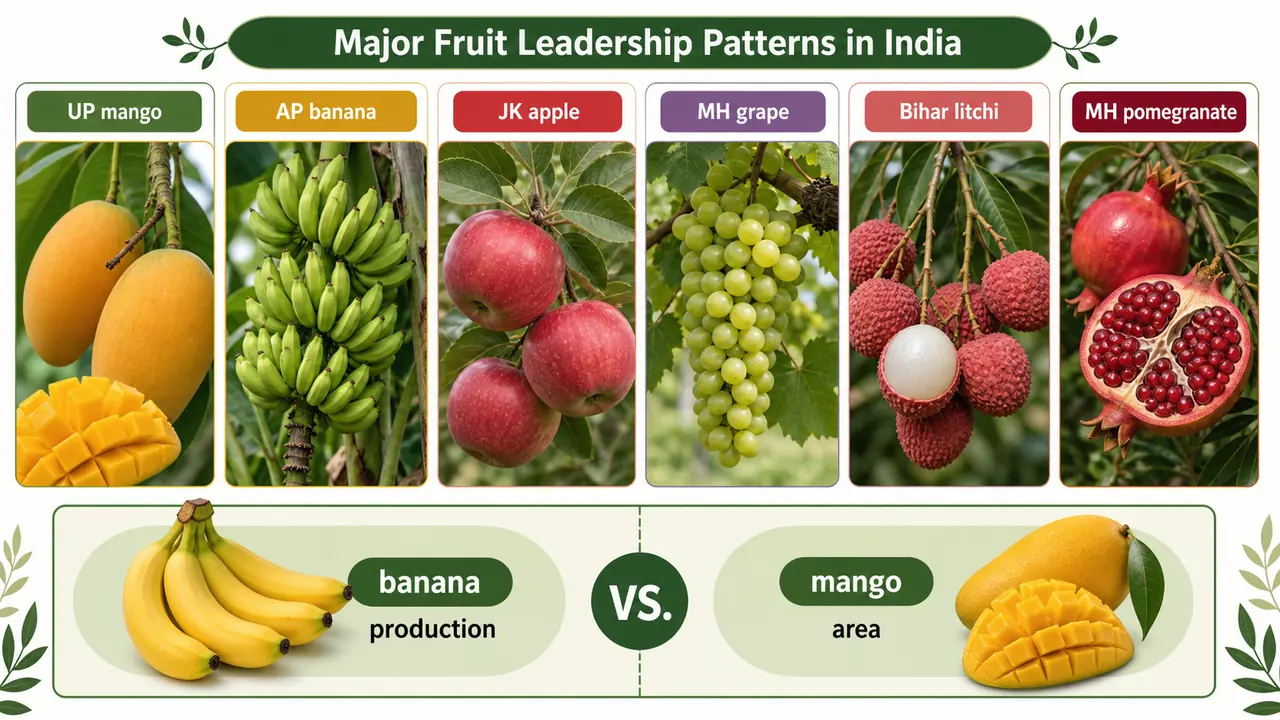 India fruit statistics visual showing major fruit crops and leading state pairs such as Uttar Pradesh for mango and Andhra Pradesh for banana
