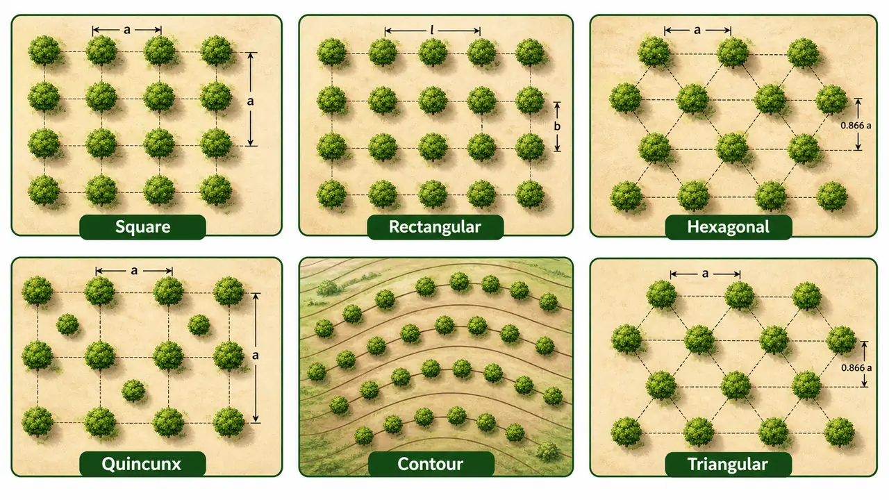 Orchard layout systems in pomology showing square, rectangular, hexagonal, quincunx, contour, and triangular planting patterns