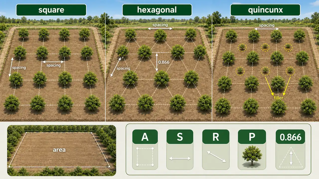 Orchard spacing comparison for square, hexagonal, and quincunx systems showing how layout changes plant population