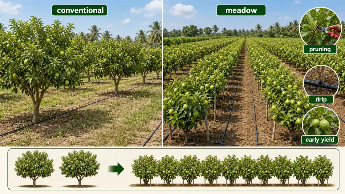 Guava high density planting comparison showing conventional orchard versus meadow orchard with pruning and drip irrigation