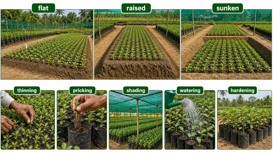 Nursery management illustration comparing flat, raised, and sunken beds with thinning, pricking, shading, watering, and hardening operations