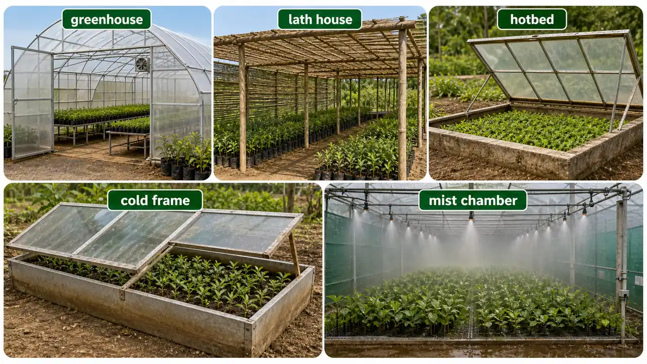 Propagation structures comparison showing greenhouse, lath house, hotbed, cold frame, and mist chamber for horticultural plant raising