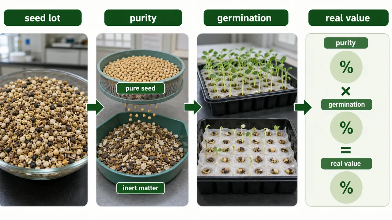 Real value of seeds process diagram showing seed lot purity, germination testing, and final seed value assessment