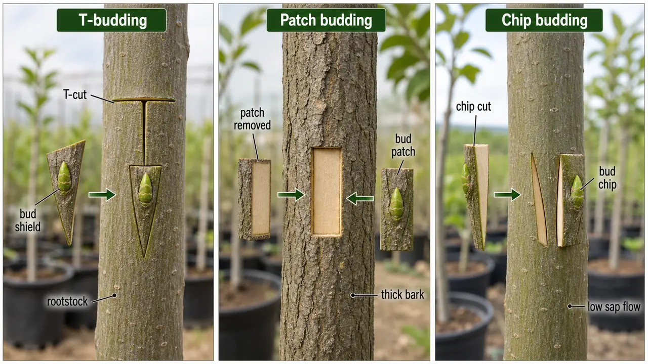 Budding methods comparison showing T-budding patch budding and chip budding on rootstock stems in horticultural propagation