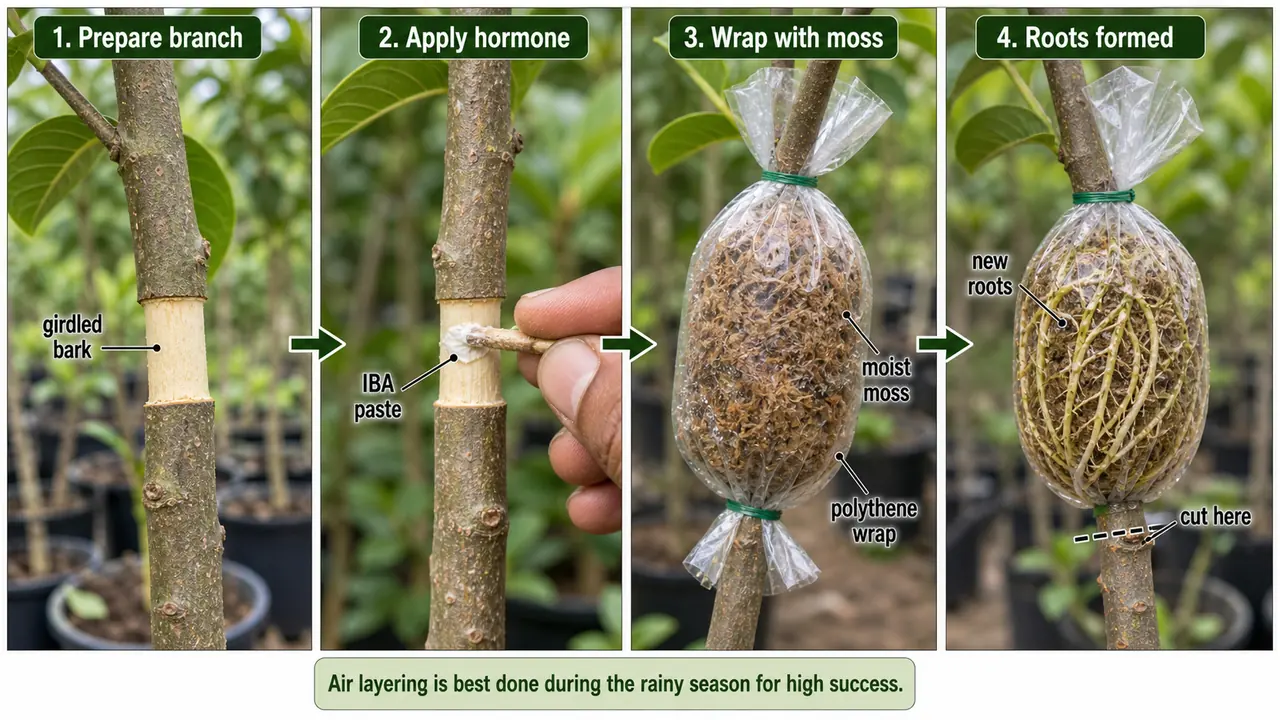 Air layering process showing girdling IBA application moss wrapping and rooted branch ready for separation