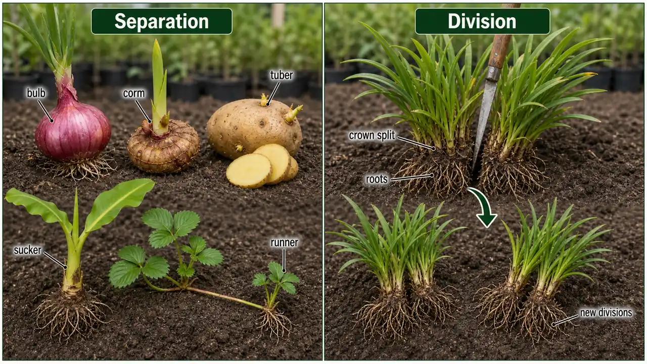 Separation versus division in vegetative propagation showing bulbs corms tubers suckers runners and crown splitting