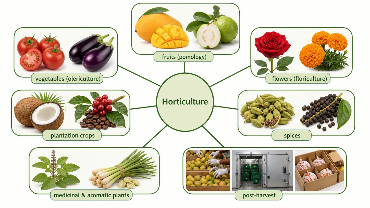 Branches of horticulture shown with fruits vegetables flowers plantation crops spices medicinal plants and post-harvest handling