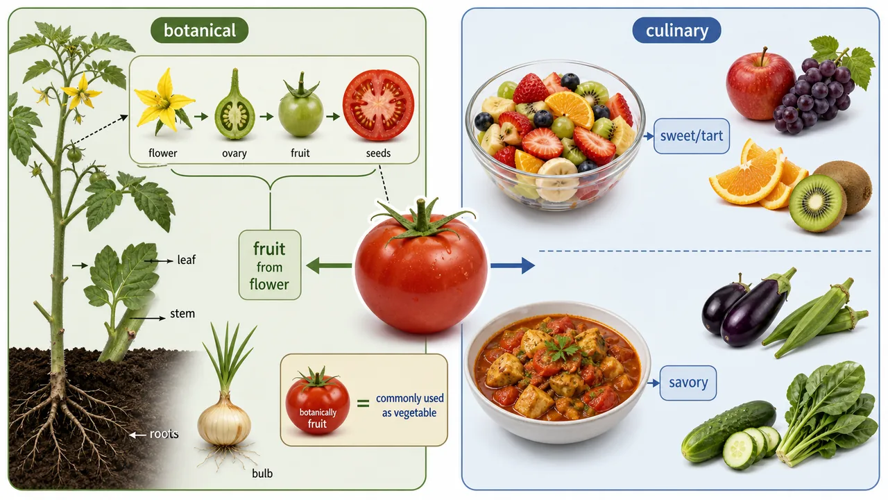 Botanical versus culinary difference between fruits and vegetables using tomato as fruit from flower but common kitchen vegetable