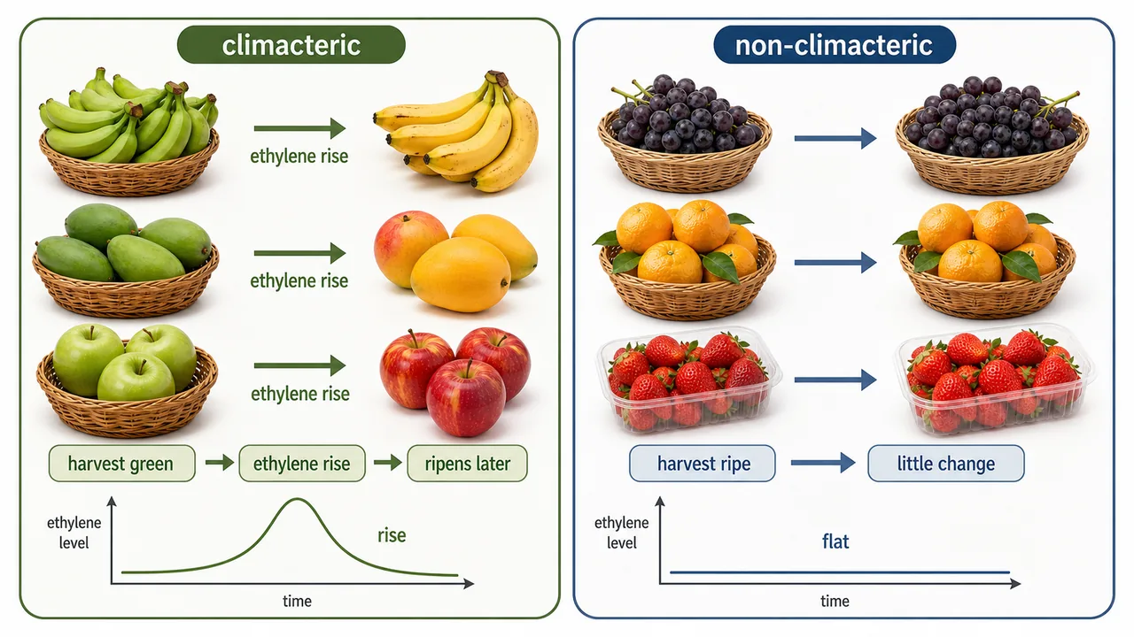 Climacteric and non-climacteric fruit ripening comparison showing ethylene rise after harvest in banana mango and apple versus little change in grape citrus and strawberry